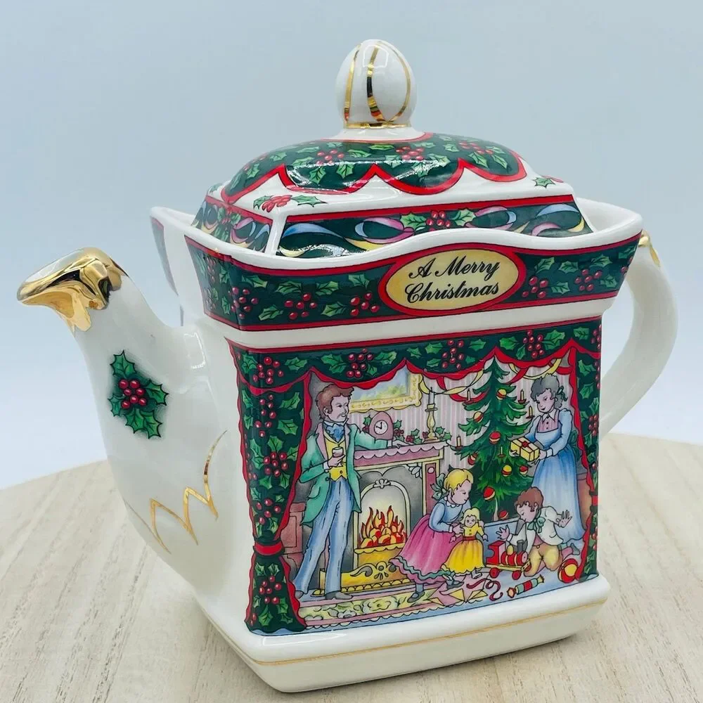 Vtg James Sadler Teapot Victorian Christmas Morning & Happy New Year England '92